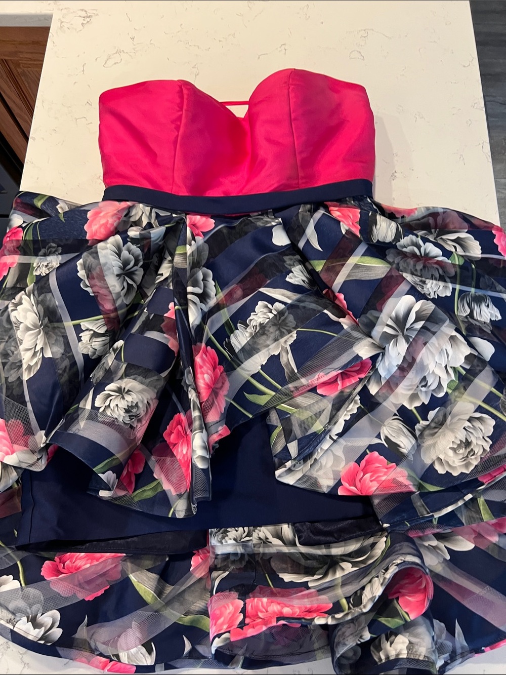Splash Hot Pink & Navy Floral Ruffled Prom Dress